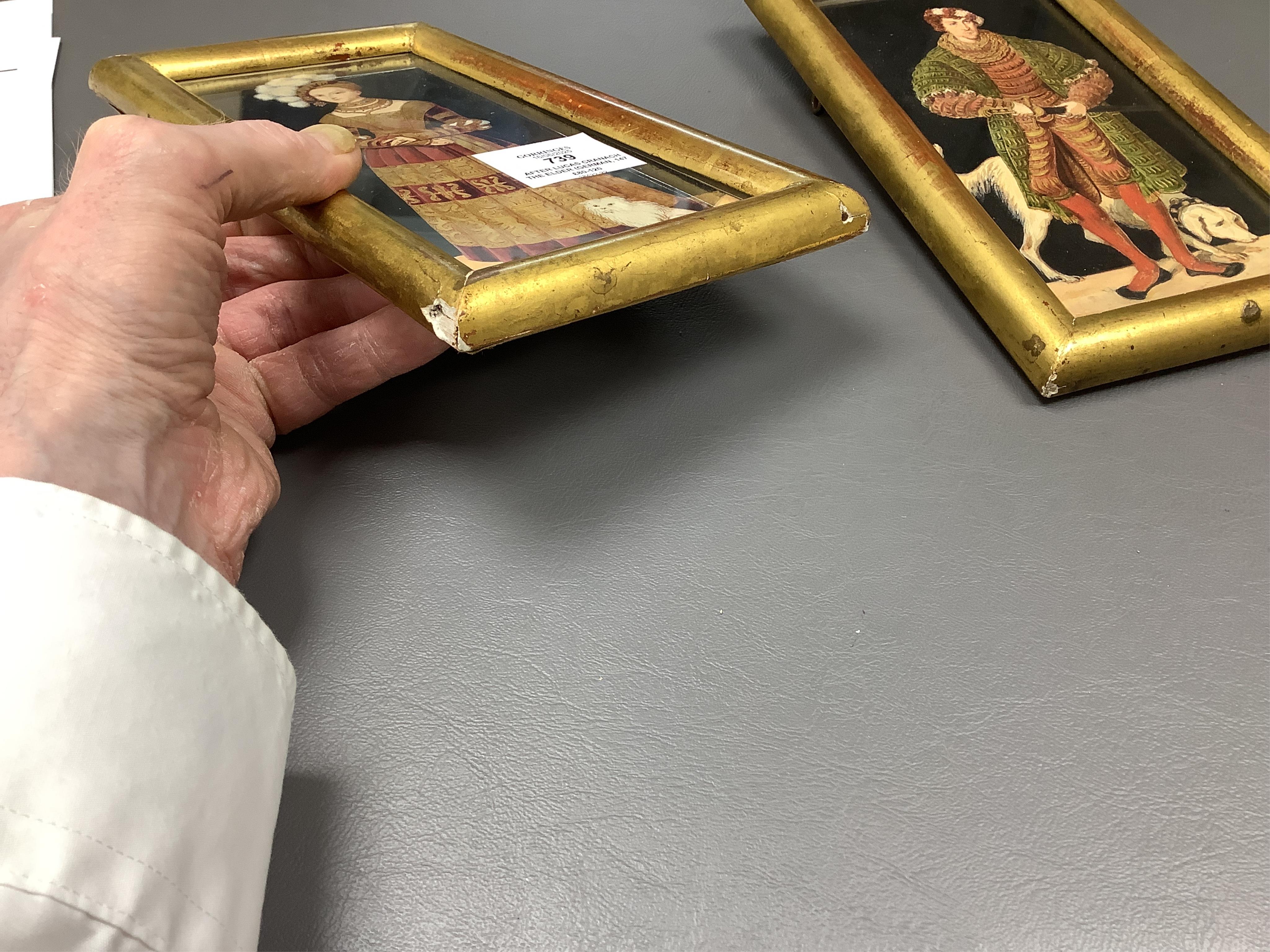 After Lucas Cranach the Elder (German, 1472-1553), portraits of Henry IV, The Pious Duke of Saxony and Duchess Katharina Von Mecklenburg, pair of 19th century gouaches, unsigned, 19 x 9cm, gilt framed